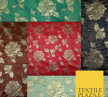 Luxury Textured Gold Floral Rose Brocade Dress Fabric Metallic Fancy 5 COLOURS
