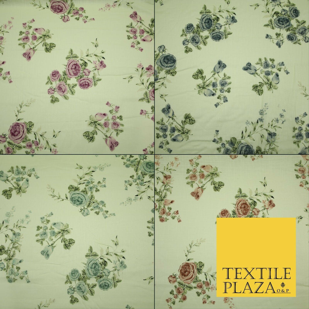 Vintage Rose Cluster Summer Luxury 100% Pure Printed Floral Cotton Linen Fabric