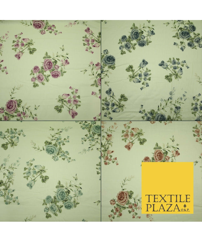 Vintage Rose Cluster Summer Luxury 100% Pure Printed Floral Cotton Linen Fabric