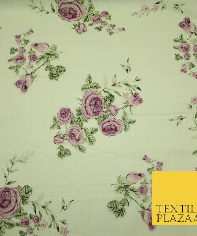 Vintage Rose Cluster Summer Luxury 100% Pure Printed Floral Cotton Linen Fabric