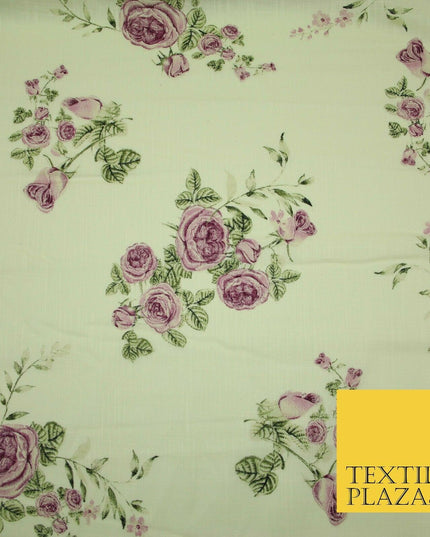 Vintage Rose Cluster Summer Luxury 100% Pure Printed Floral Cotton Linen Fabric
