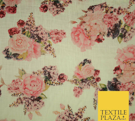 Vintage Carnation Bouquets Luxury 100% Pure Printed Floral Cotton Linen Fabric