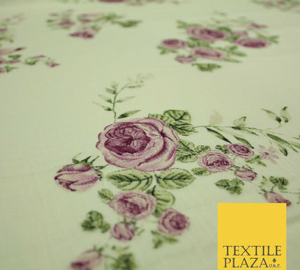 Vintage Rose Cluster Summer Luxury 100% Pure Printed Floral Cotton Linen Fabric