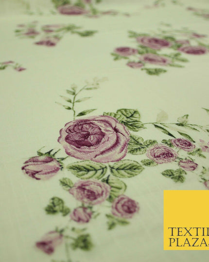 Vintage Rose Cluster Summer Luxury 100% Pure Printed Floral Cotton Linen Fabric