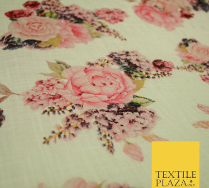 Vintage Carnation Bouquets Luxury 100% Pure Printed Floral Cotton Linen Fabric