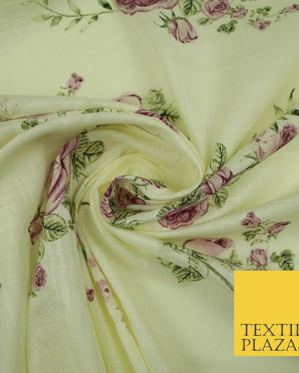 Vintage Rose Cluster Summer Luxury 100% Pure Printed Floral Cotton Linen Fabric