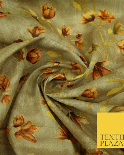 Bluebell Flower Branch Summer Luxury 100%Pure Printed Floral Cotton Linen Fabric