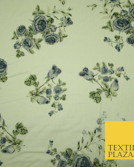 Vintage Rose Cluster Summer Luxury 100% Pure Printed Floral Cotton Linen Fabric