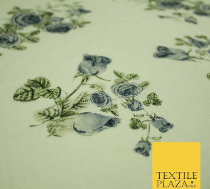 Vintage Rose Cluster Summer Luxury 100% Pure Printed Floral Cotton Linen Fabric