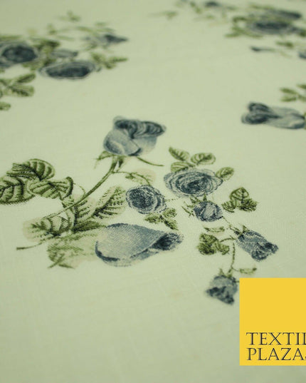 Vintage Rose Cluster Summer Luxury 100% Pure Printed Floral Cotton Linen Fabric