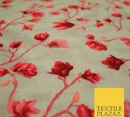 Bluebell Flower Branch Summer Luxury 100%Pure Printed Floral Cotton Linen Fabric