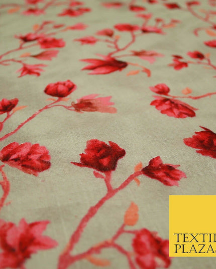 Bluebell Flower Branch Summer Luxury 100%Pure Printed Floral Cotton Linen Fabric