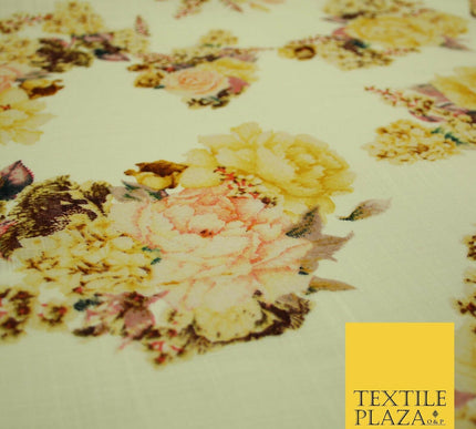 Vintage Carnation Bouquets Luxury 100% Pure Printed Floral Cotton Linen Fabric