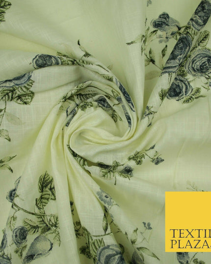Vintage Rose Cluster Summer Luxury 100% Pure Printed Floral Cotton Linen Fabric