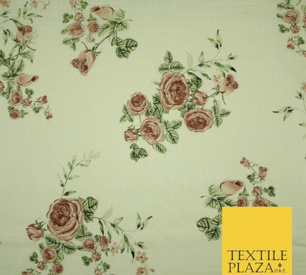 Vintage Rose Cluster Summer Luxury 100% Pure Printed Floral Cotton Linen Fabric