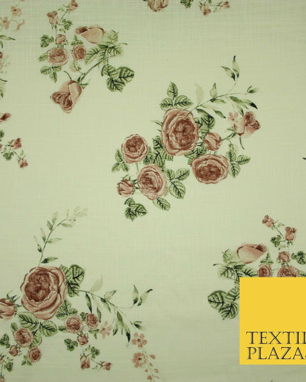 Vintage Rose Cluster Summer Luxury 100% Pure Printed Floral Cotton Linen Fabric