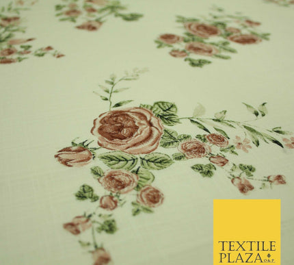 Vintage Rose Cluster Summer Luxury 100% Pure Printed Floral Cotton Linen Fabric