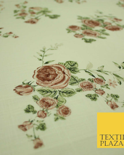 Vintage Rose Cluster Summer Luxury 100% Pure Printed Floral Cotton Linen Fabric