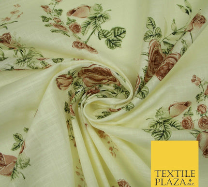 Vintage Rose Cluster Summer Luxury 100% Pure Printed Floral Cotton Linen Fabric