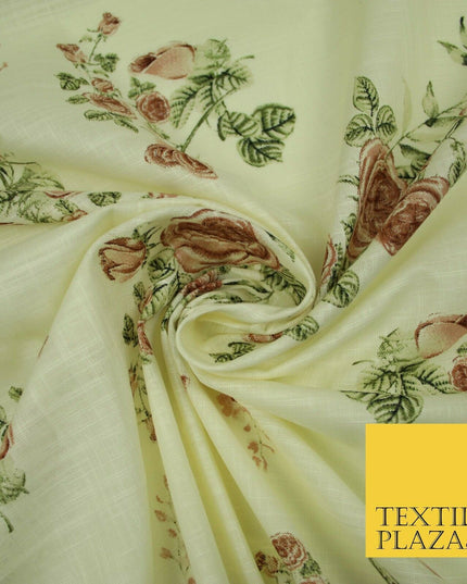 Vintage Rose Cluster Summer Luxury 100% Pure Printed Floral Cotton Linen Fabric