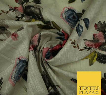 Vintage Artsy Flower Summer Luxury 100% Pure Printed Floral Cotton Linen Fabric
