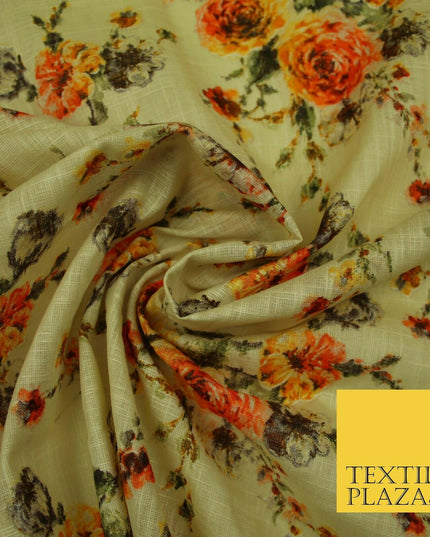Scattered Carnations Summer Luxury 100% Pure Printed Floral Cotton Linen Fabric