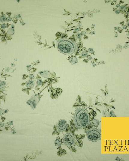 Vintage Rose Cluster Summer Luxury 100% Pure Printed Floral Cotton Linen Fabric