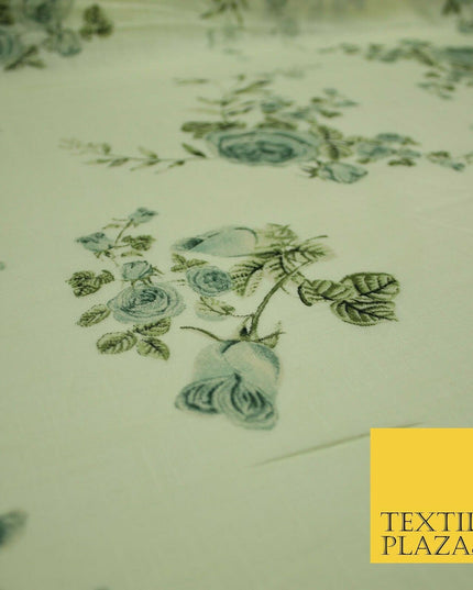 Vintage Rose Cluster Summer Luxury 100% Pure Printed Floral Cotton Linen Fabric