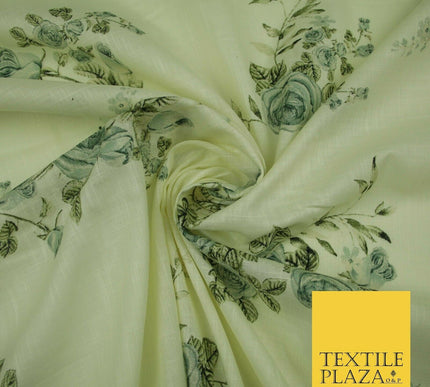 Vintage Rose Cluster Summer Luxury 100% Pure Printed Floral Cotton Linen Fabric