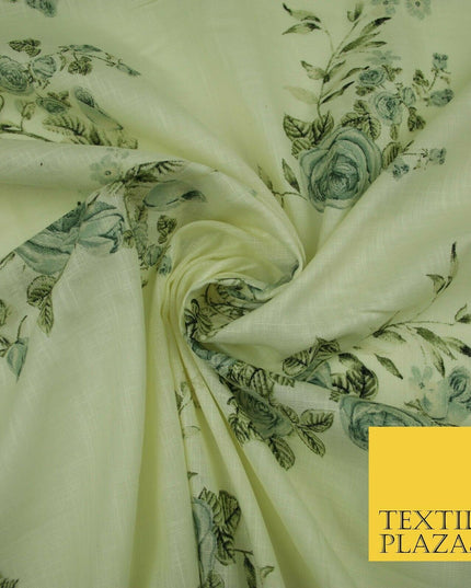 Vintage Rose Cluster Summer Luxury 100% Pure Printed Floral Cotton Linen Fabric