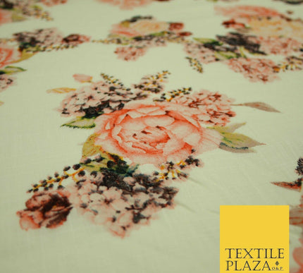 Vintage Carnation Bouquets Luxury 100% Pure Printed Floral Cotton Linen Fabric