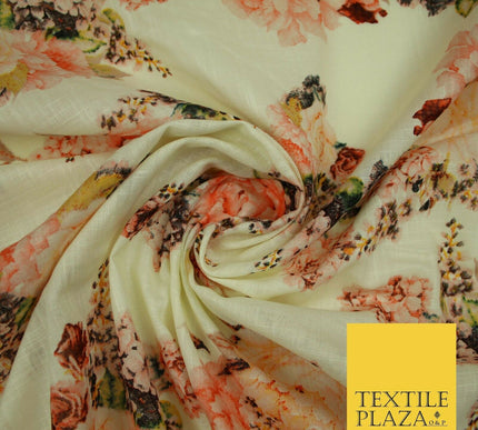 Vintage Carnation Bouquets Luxury 100% Pure Printed Floral Cotton Linen Fabric