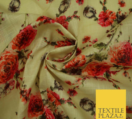 Scattered Carnations Summer Luxury 100% Pure Printed Floral Cotton Linen Fabric