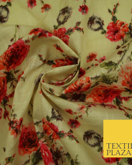 Scattered Carnations Summer Luxury 100% Pure Printed Floral Cotton Linen Fabric