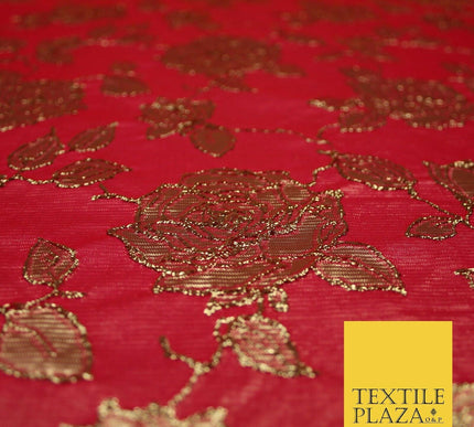 Luxury Textured Gold Floral Rose Brocade Dress Fabric Metallic Fancy 5 COLOURS