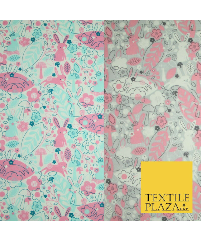 Happy Bunny Rabbits Ditsy Flower Leaf 100% Cotton Poplin Print Fabric Face Masks