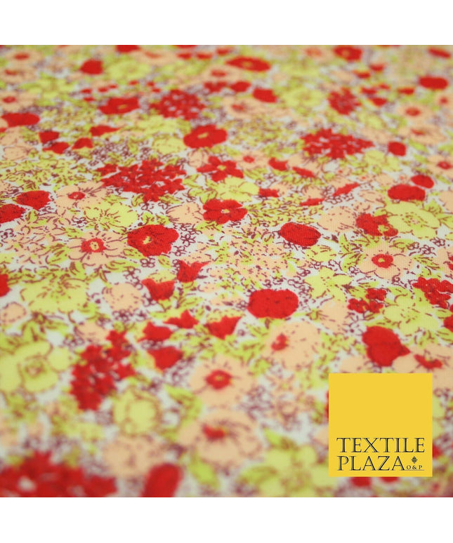 Red Pansy Cluster Ditsy Flower Printed Poly Cotton Fabric Polycotton Mask 3730