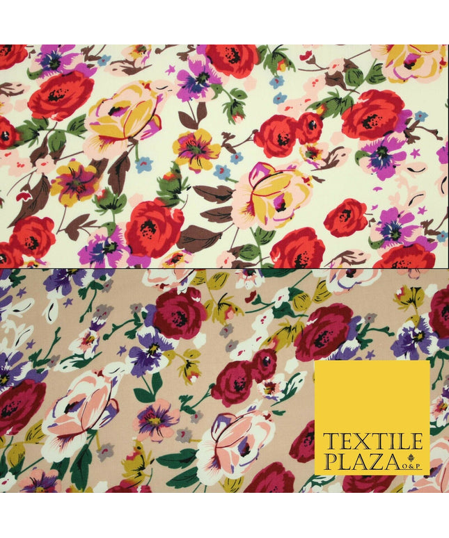Artsy Poppy Rose Flower Printed 100% Cotton Poplin Fabric Dress Face Mask 59"