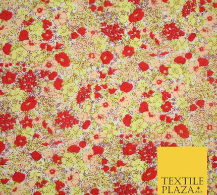 Red Pansy Cluster Ditsy Flower Printed Poly Cotton Fabric Polycotton Mask 3730