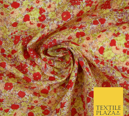 Red Pansy Cluster Ditsy Flower Printed Poly Cotton Fabric Polycotton Mask 3730