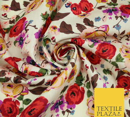 Artsy Poppy Rose Flower Printed 100% Cotton Poplin Fabric Dress Face Mask 59"