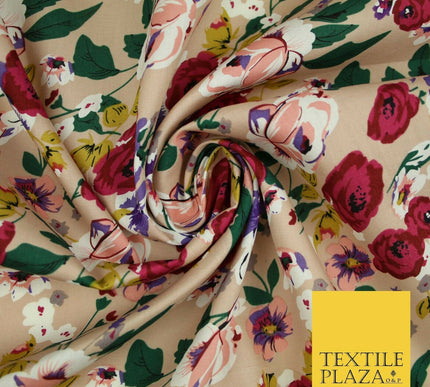 Artsy Poppy Rose Flower Printed 100% Cotton Poplin Fabric Dress Face Mask 59"