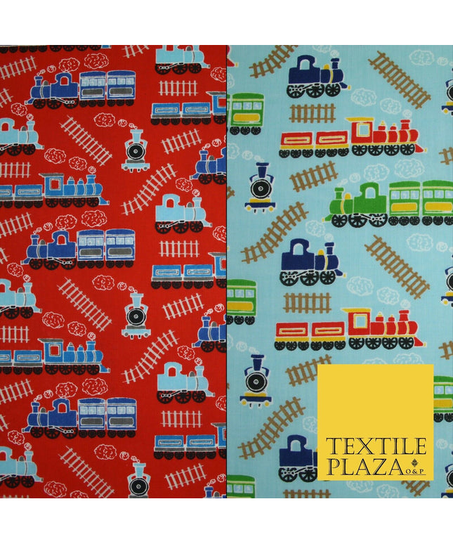 Choo Choo Steam Train Railway Printed Poly Cotton Fabric Polycotton Kid Mask 45"