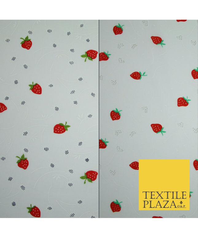 White Red Strawberry Flower Heart Printed Poly Cotton Fabric Polycotton Mask 45"