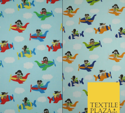 Blue Cute Dog Aeroplane Sky Cloud Printed Poly Cotton Fabric Polycotton Mask 45"