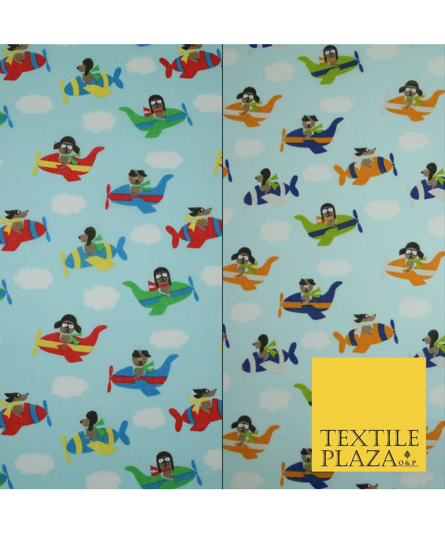 Blue Cute Dog Aeroplane Sky Cloud Printed Poly Cotton Fabric Polycotton Mask 45"