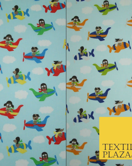 Blue Cute Dog Aeroplane Sky Cloud Printed Poly Cotton Fabric Polycotton Mask 45"