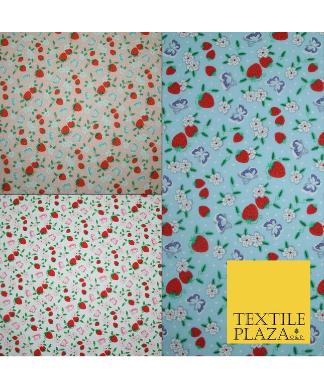 Strawberry Butterfly Ditsy Flower Printed Poly Cotton Fabric Polycotton Mask 45"