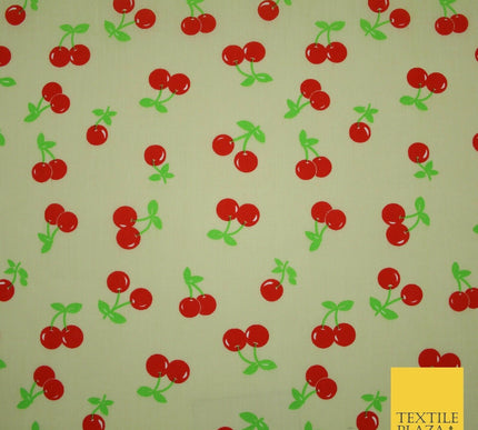 Ecru Cream Cherry 2 Cherries Printed Poly Cotton Fabric Polycotton Mask 45" 3758