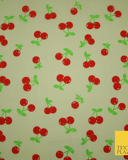 Ecru Cream Cherry 2 Cherries Printed Poly Cotton Fabric Polycotton Mask 45" 3758